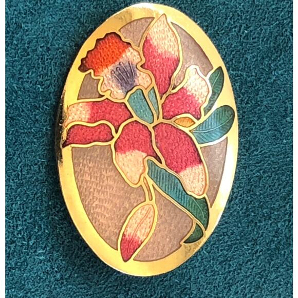Vintage Cloisonné Enamel Pink Red Oval Floral Brooch Pin - Picture 1 of 6